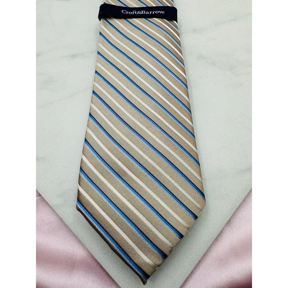 NWT Croft & Barrow Mens Silk Tie Taupe Blue White Striped Nathaniel Core